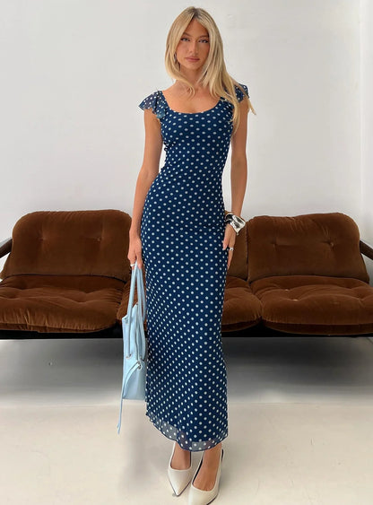 Navy Blue Polka Dot Prom Dress with Ruffled Cap Sleeves and Scoop Neck for Formal Events and Prom Nights