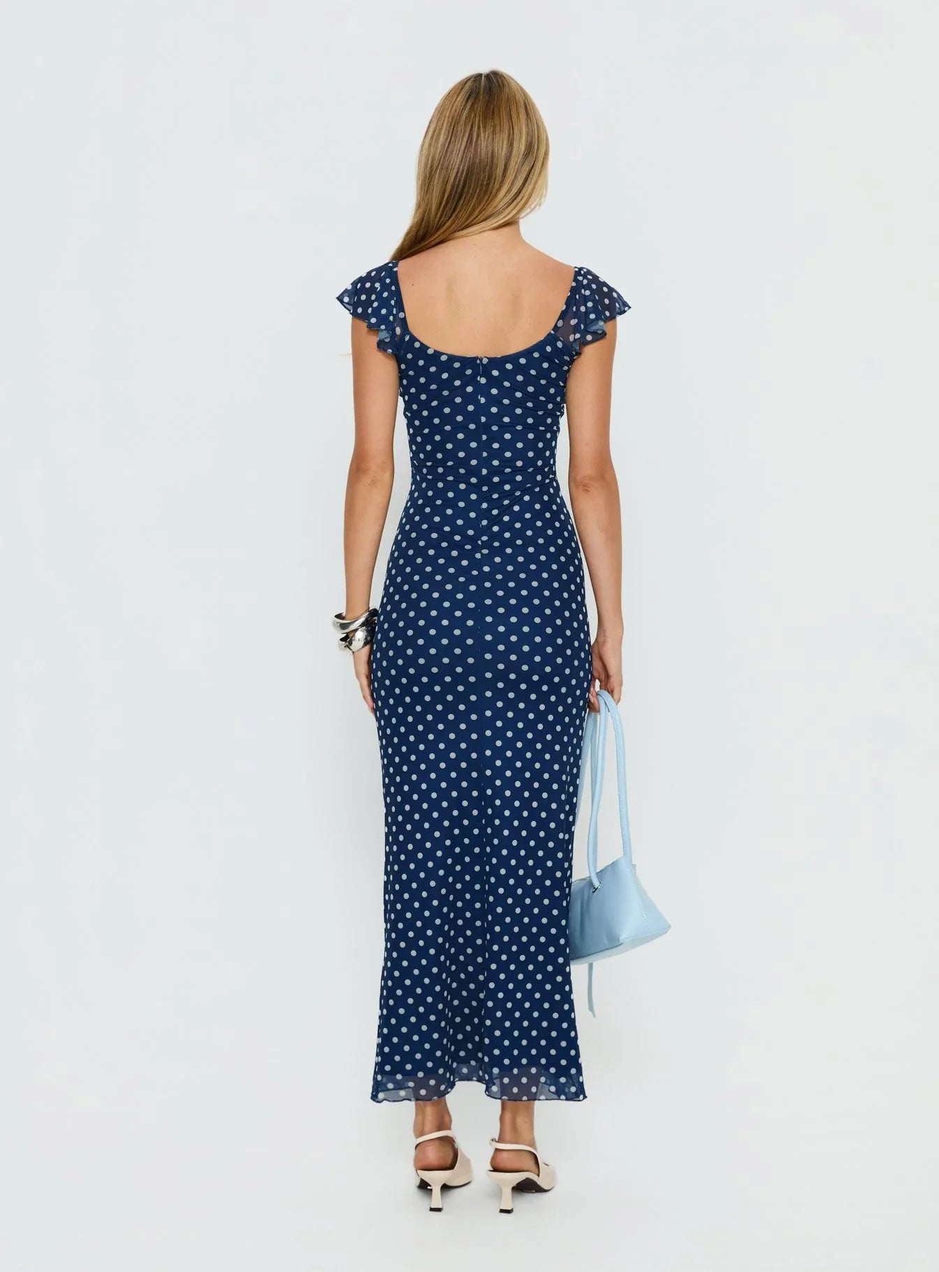 Navy Blue Polka Dot Prom Dress with Ruffled Cap Sleeves and Scoop Neck for Formal Events and Prom Nights