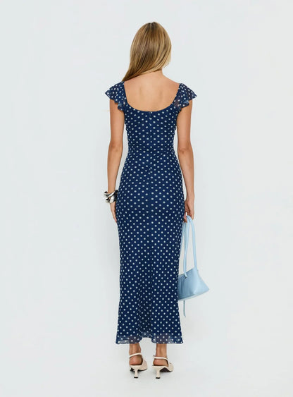Navy Blue Polka Dot Prom Dress with Ruffled Cap Sleeves and Scoop Neck for Formal Events and Prom Nights