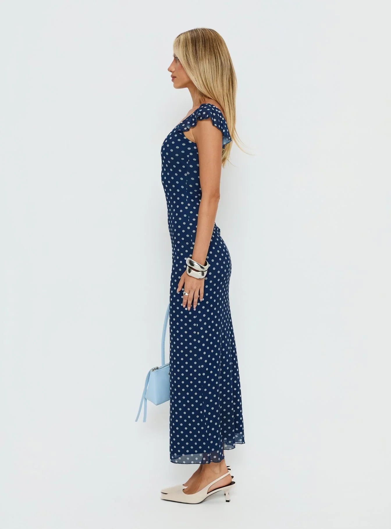 Navy Blue Polka Dot Prom Dress with Ruffled Cap Sleeves and Scoop Neck for Formal Events and Prom Nights