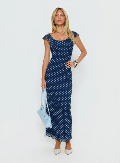 Navy Blue Polka Dot Prom Dress with Ruffled Cap Sleeves and Scoop Neck for Formal Events and Prom Nights