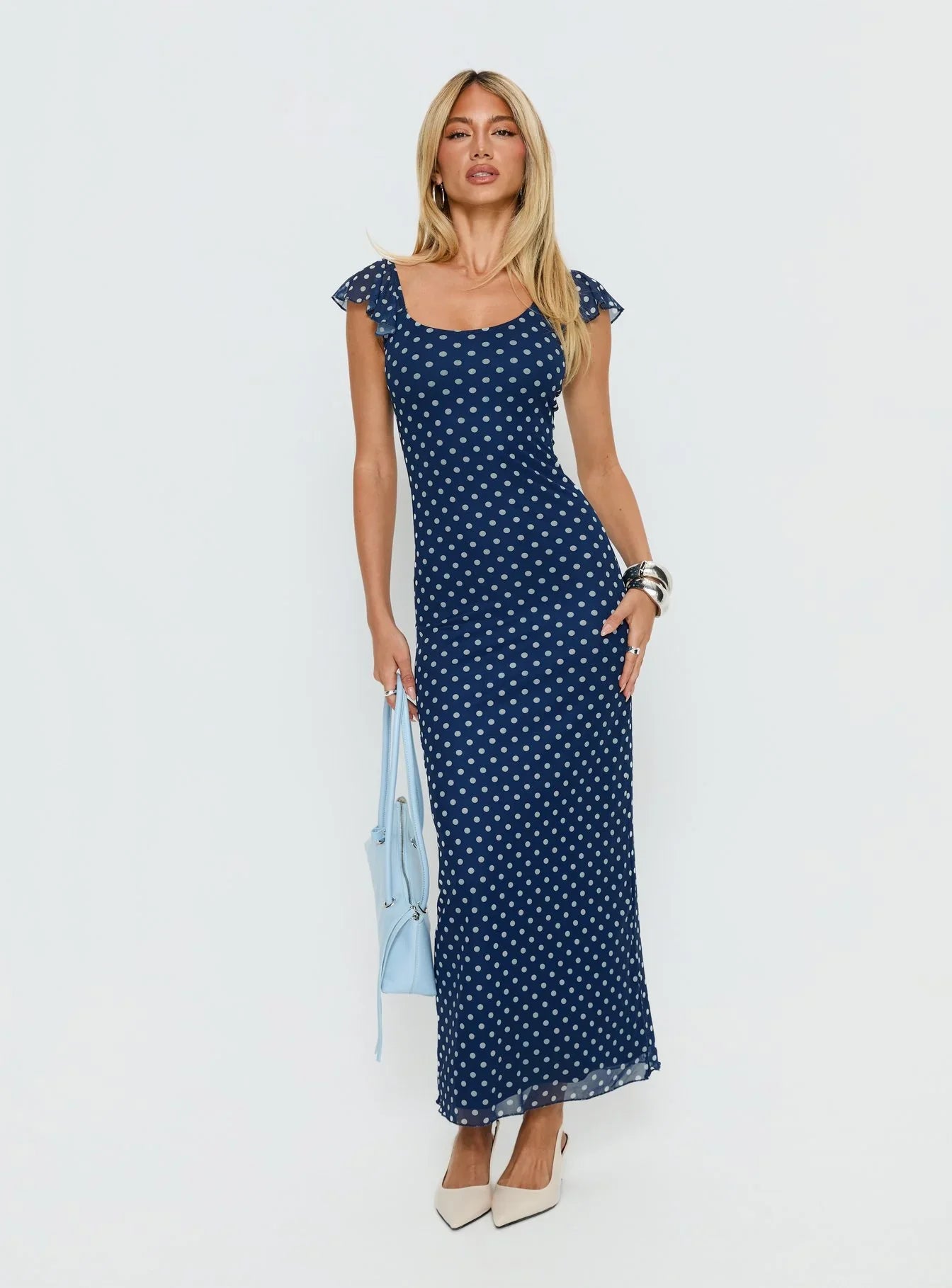 Navy Blue Polka Dot Prom Dress with Ruffled Cap Sleeves and Scoop Neck for Formal Events and Prom Nights