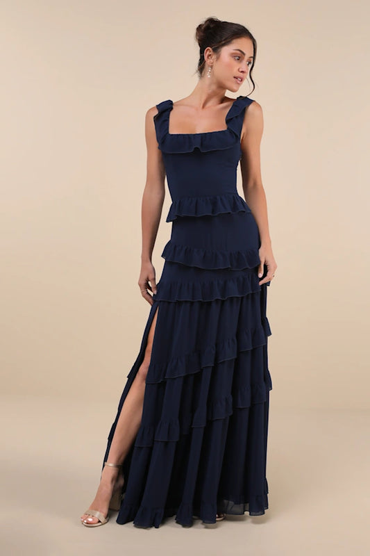 Navy Blue Ruffled Square Neck Tiered Slit Maxi Prom Dress