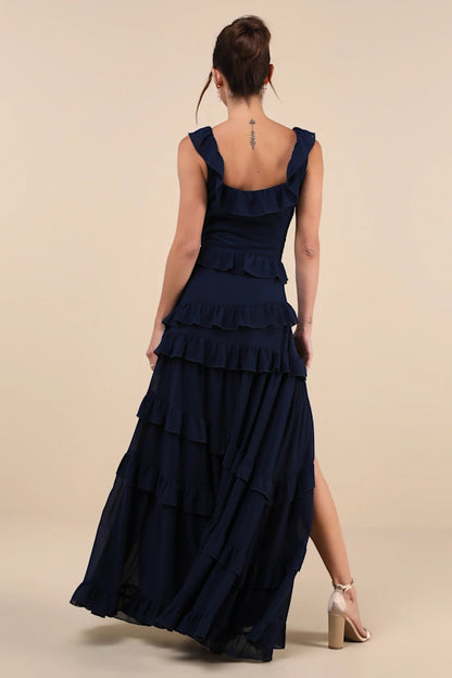 Navy Blue Ruffled Square Neck Tiered Slit Maxi Prom Dress