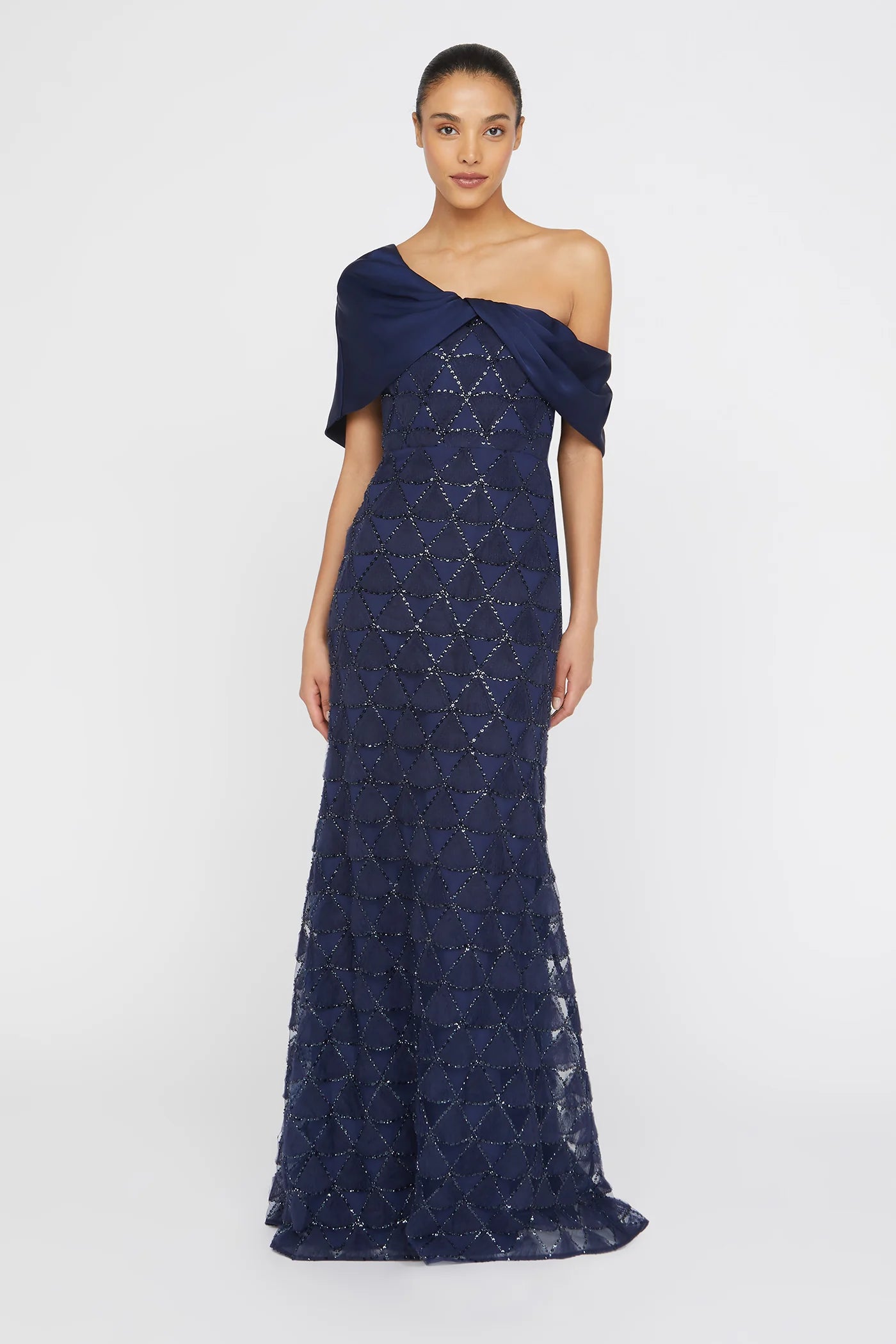 Navy Blue Satin Tulle Mermaid One Shoulder Asymmetric Cape Sleeve Beaded Geometric Floor Length Formal Evening Prom Dress