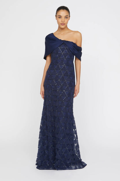 Navy Blue Satin Tulle Mermaid One Shoulder Asymmetric Cape Sleeve Beaded Geometric Floor Length Formal Evening Prom Dress
