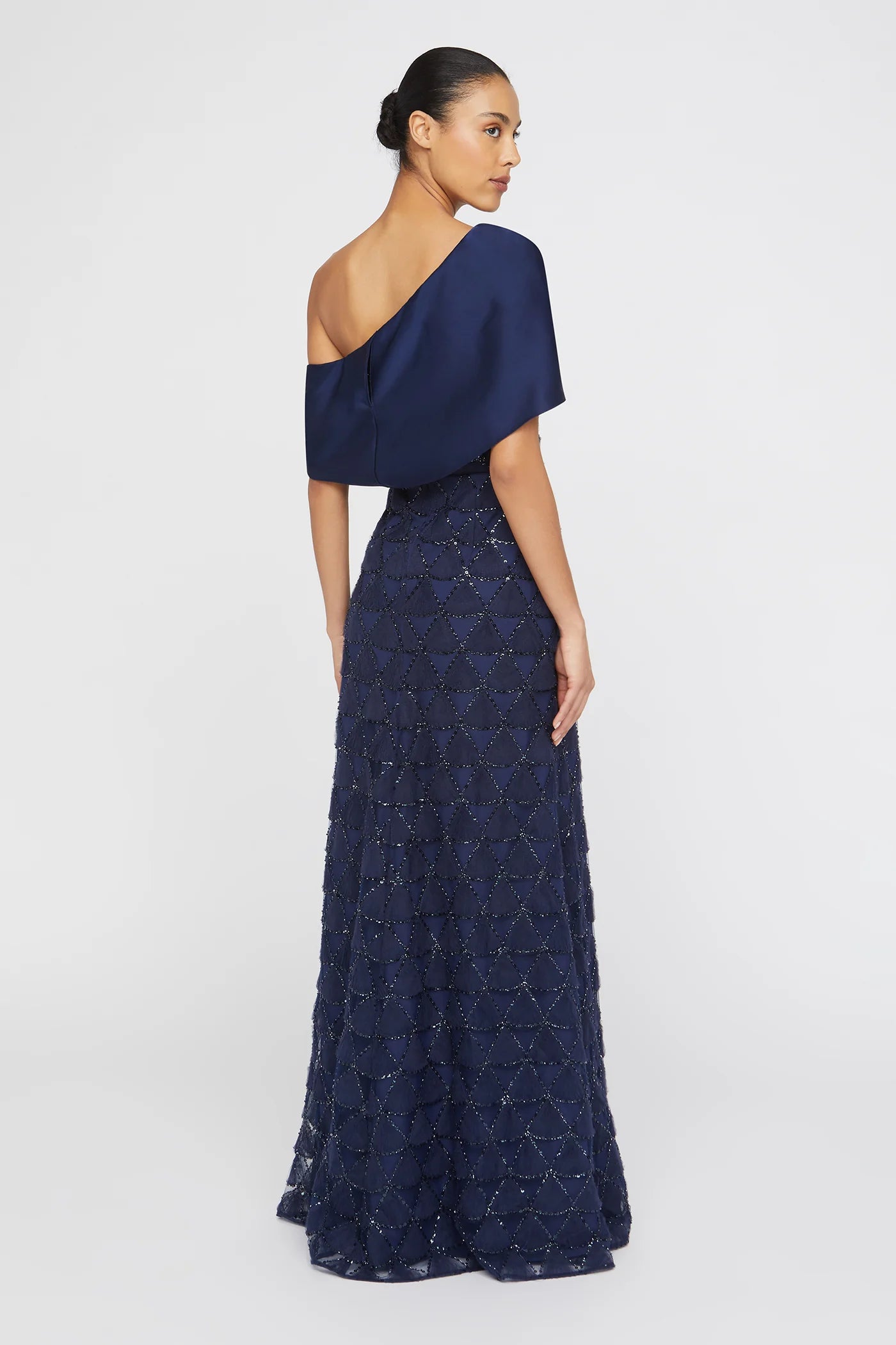 Navy Blue Satin Tulle Mermaid One Shoulder Asymmetric Cape Sleeve Beaded Geometric Floor Length Formal Evening Prom Dress