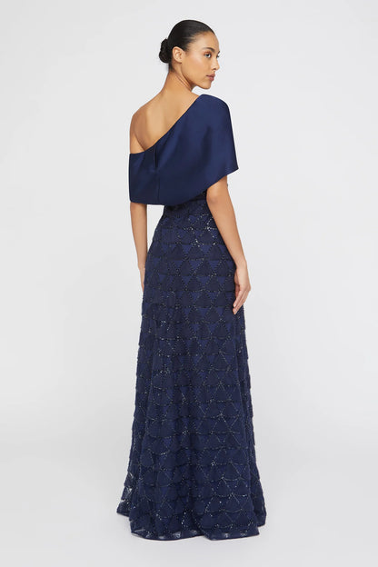 Navy Blue Satin Tulle Mermaid One Shoulder Asymmetric Cape Sleeve Beaded Geometric Floor Length Formal Evening Prom Dress