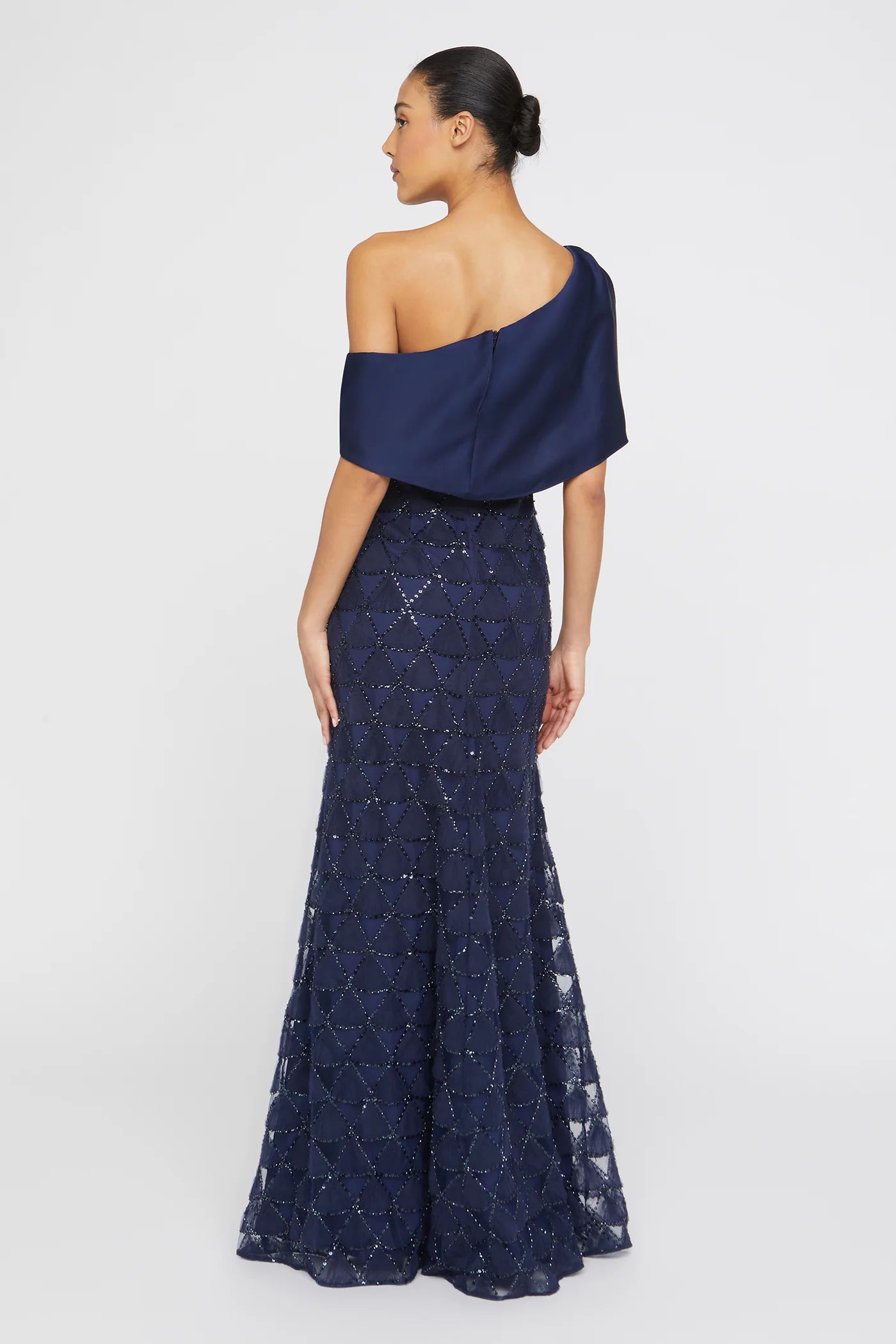 Navy Blue Satin Tulle Mermaid One Shoulder Asymmetric Cape Sleeve Beaded Geometric Floor Length Formal Evening Prom Dress