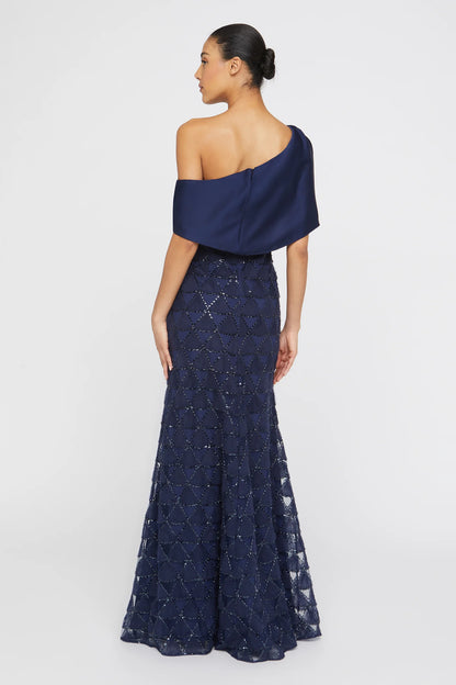 Navy Blue Satin Tulle Mermaid One Shoulder Asymmetric Cape Sleeve Beaded Geometric Floor Length Formal Evening Prom Dress