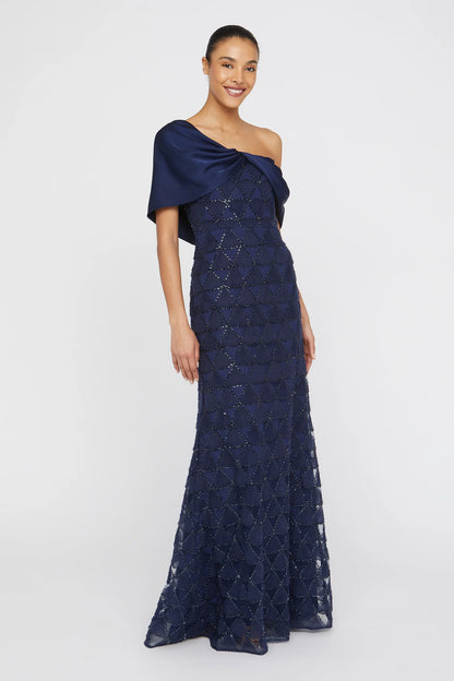 Navy Blue Satin Tulle Mermaid One Shoulder Asymmetric Cape Sleeve Beaded Geometric Floor Length Formal Evening Prom Dress