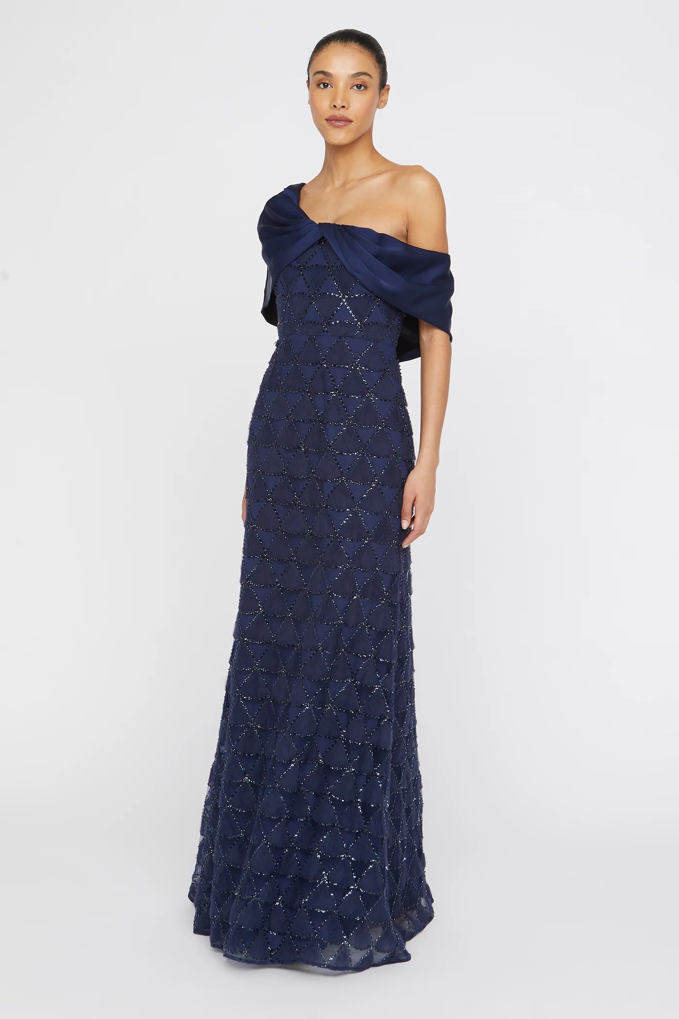 Navy Blue Satin Tulle Mermaid One Shoulder Asymmetric Cape Sleeve Beaded Geometric Floor Length Formal Evening Prom Dress