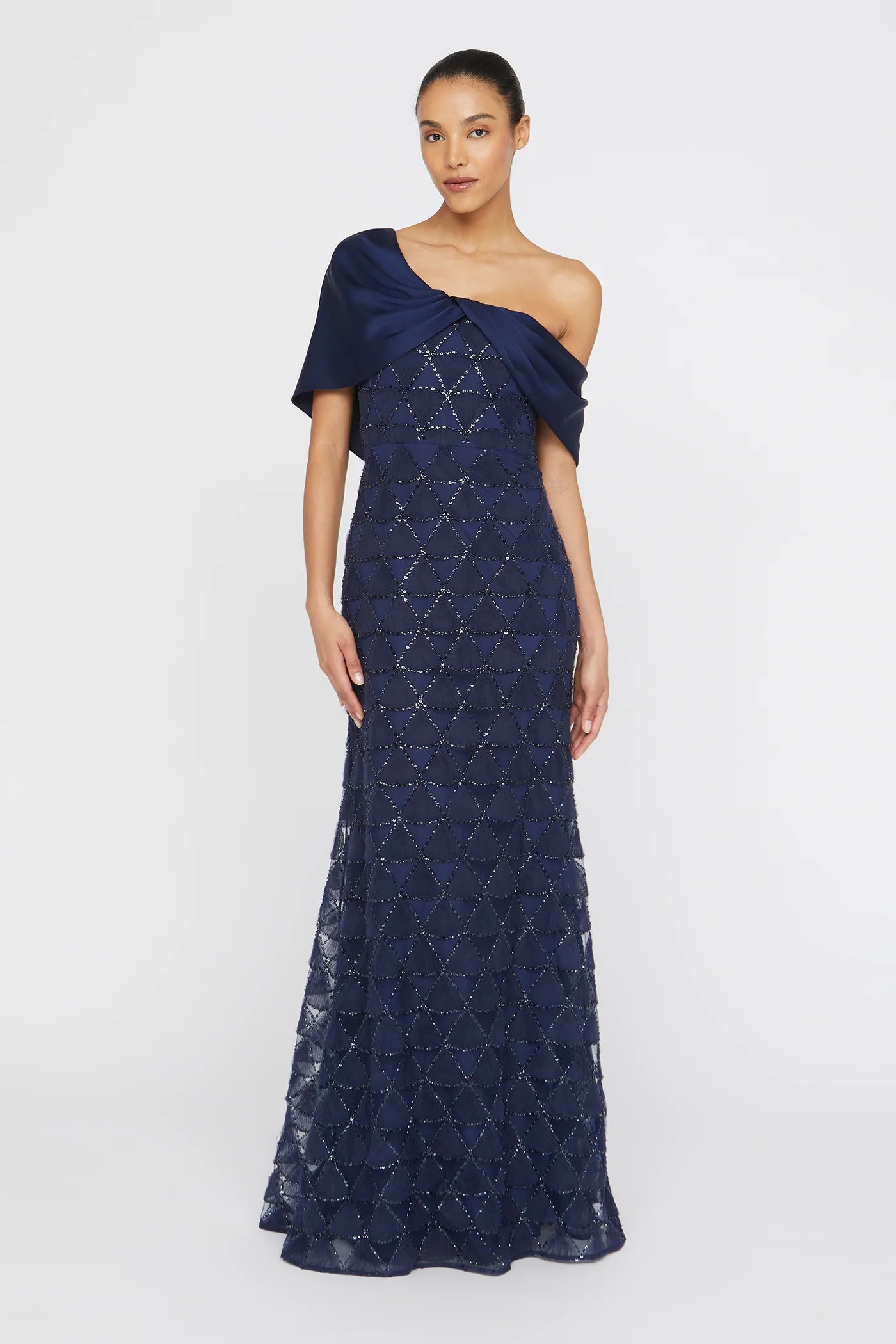 Navy Blue Satin Tulle Mermaid One Shoulder Asymmetric Cape Sleeve Beaded Geometric Floor Length Formal Evening Prom Dress