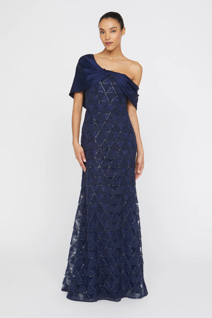 Navy Blue Satin Tulle Mermaid One Shoulder Asymmetric Cape Sleeve Beaded Geometric Floor Length Formal Evening Prom Dress