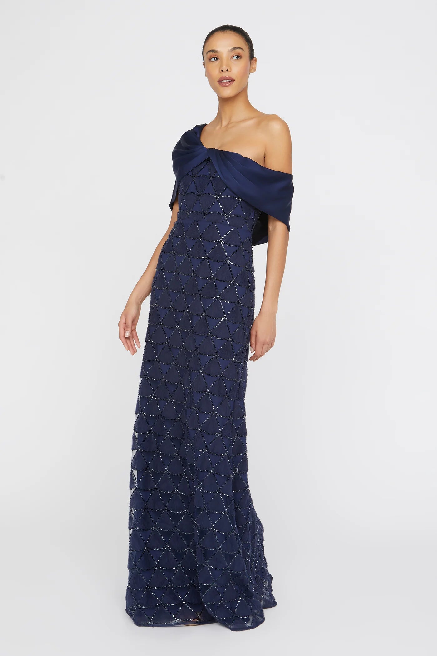 Navy Blue Satin Tulle Mermaid One Shoulder Asymmetric Cape Sleeve Beaded Geometric Floor Length Formal Evening Prom Dress