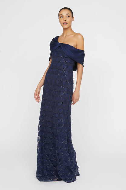 Navy Blue Satin Tulle Mermaid One Shoulder Asymmetric Cape Sleeve Beaded Geometric Floor Length Formal Evening Prom Dress