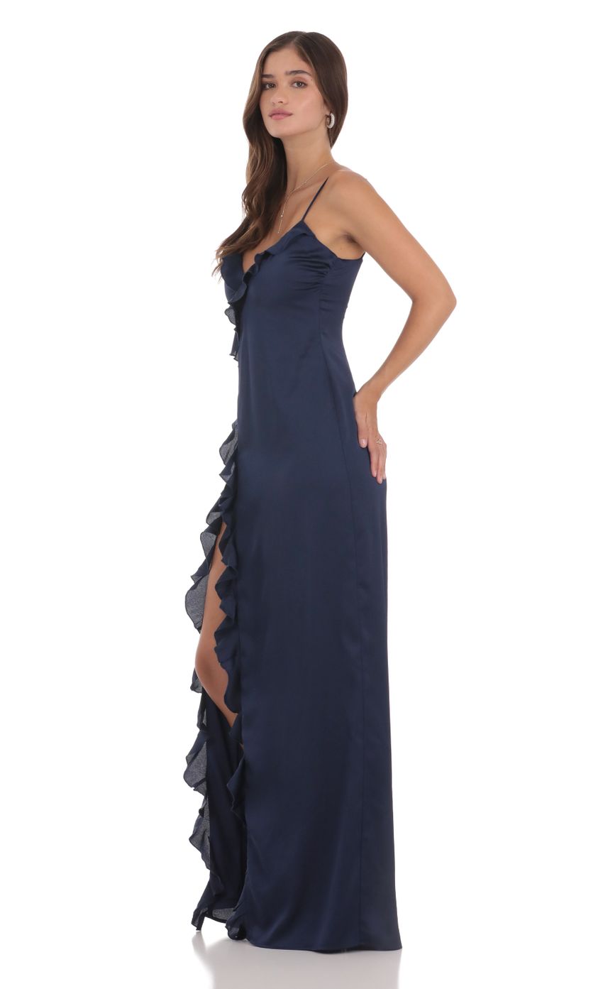 Navy Blue Spaghetti Strap Prom Dress With Ruffle Trim And High Slit Satin Formal Prom Dress