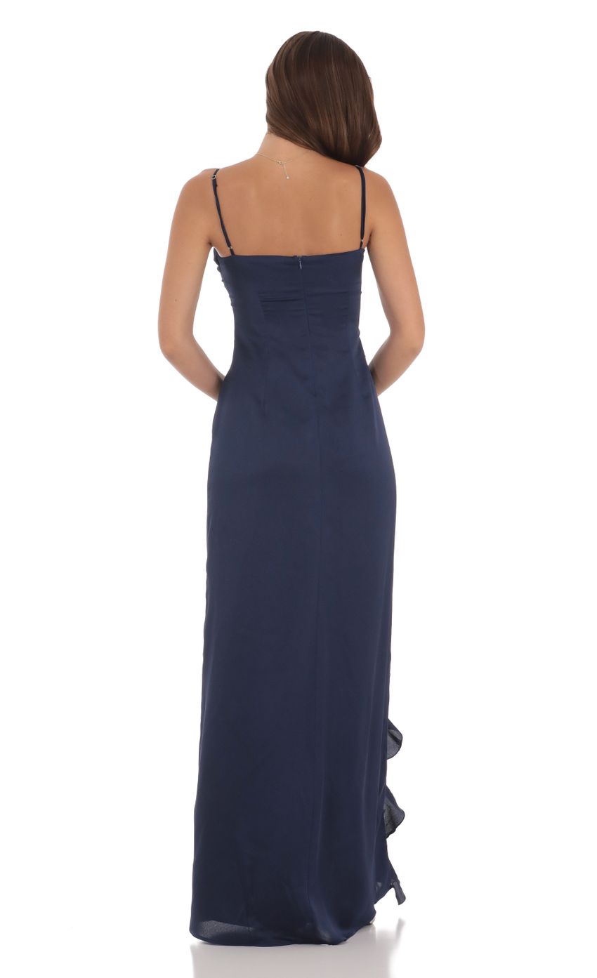 Navy Blue Spaghetti Strap Prom Dress With Ruffle Trim And High Slit Satin Formal Prom Dress