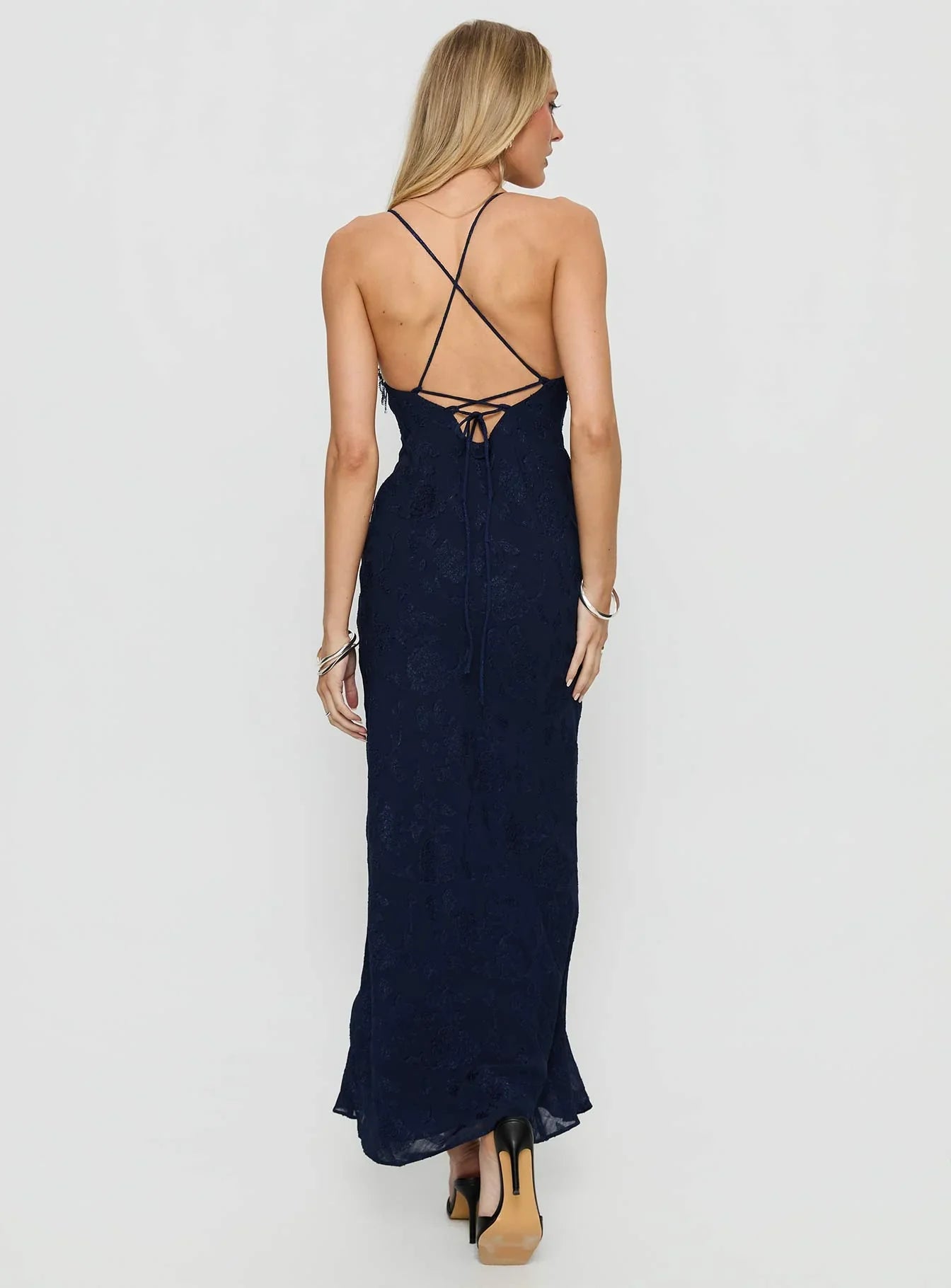 Navy Blue Spaghetti Strap Prom Dress with Beaded Fringe and Floral Lace for Formal Events and Prom Nights