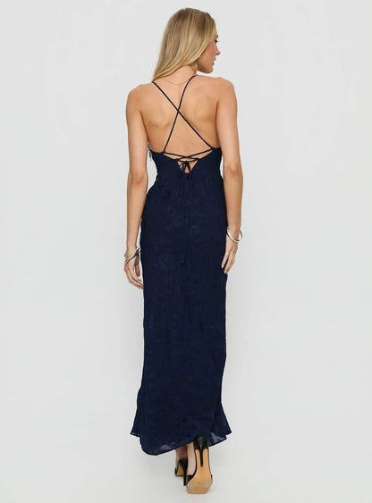 Navy Blue Spaghetti Strap Prom Dress with Beaded Fringe and Floral Lace for Formal Events and Prom Nights