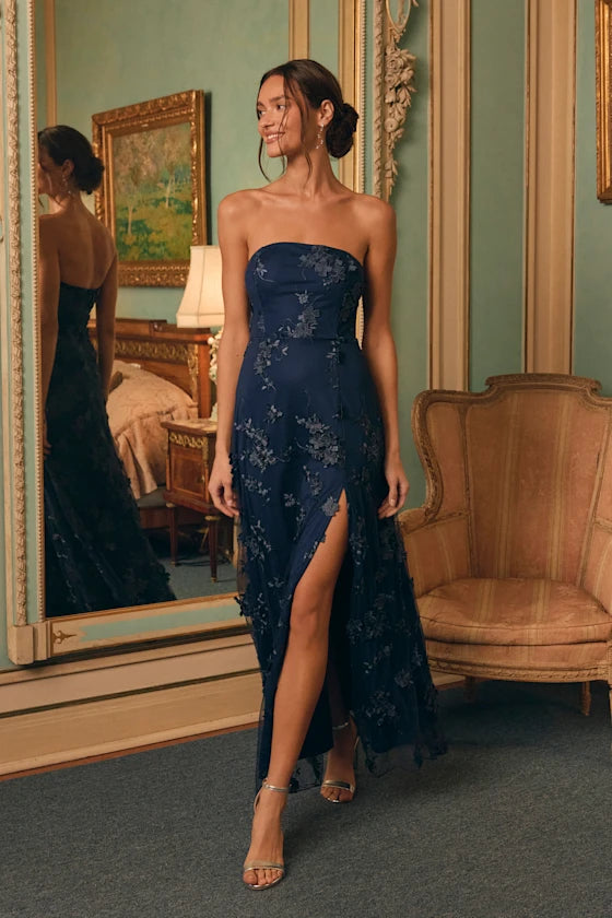Navy Blue Strapless 3D Floral Applique Slit Maxi Prom Dress
