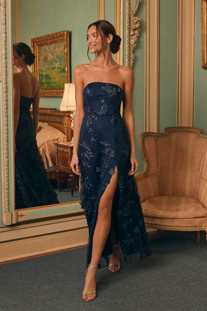 Navy Blue Strapless 3D Floral Applique Slit Maxi Prom Dress