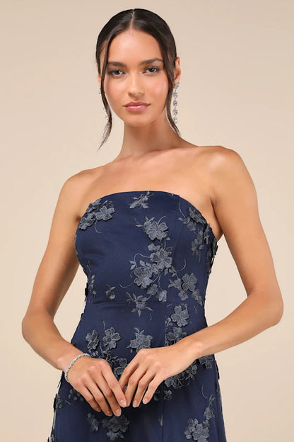 Navy Blue Strapless 3D Floral Applique Slit Maxi Prom Dress