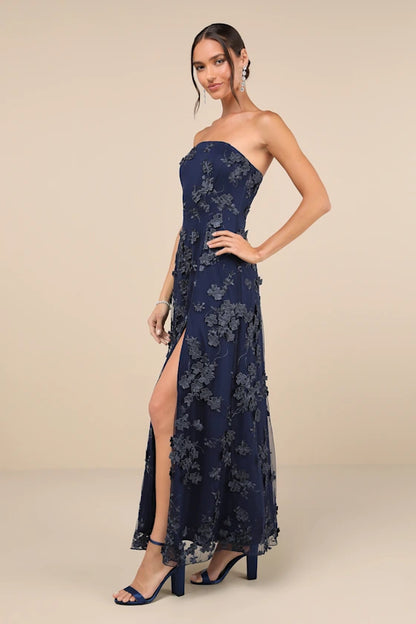 Navy Blue Strapless 3D Floral Applique Slit Maxi Prom Dress
