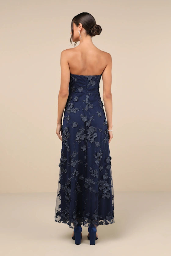 Navy Blue Strapless 3D Floral Applique Slit Maxi Prom Dress