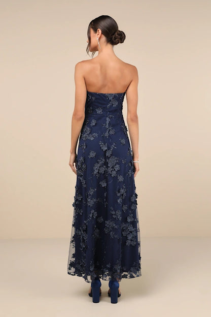 Navy Blue Strapless 3D Floral Applique Slit Maxi Prom Dress