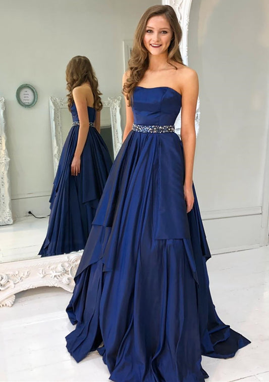 Navy Blue Strapless Beaded Waist Satin Tiered A Line Long Formal Evening Prom Dress