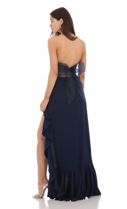 Navy Blue Strapless Prom Dress With Organza Bow Back And Ruffle Slit Formal Prom Dress