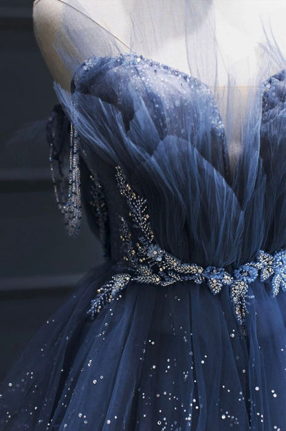 Navy Blue Strapless Prom Dress With Sparkly Tiered Tulle Skirt Beaded Waistband And Off The Shoulder Tulle Sleeves Formal Prom Dress