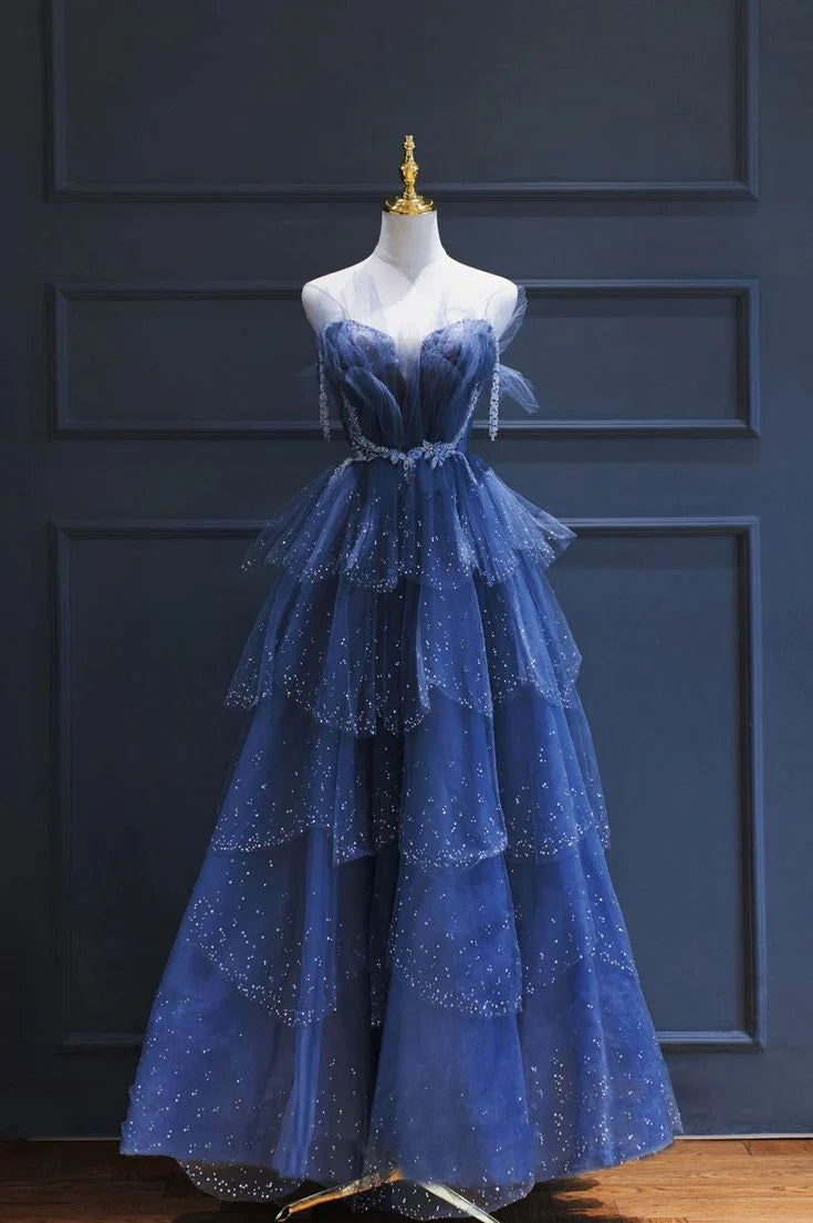 Navy Blue Strapless Prom Dress With Sparkly Tiered Tulle Skirt Beaded Waistband And Off The Shoulder Tulle Sleeves Formal Prom Dress