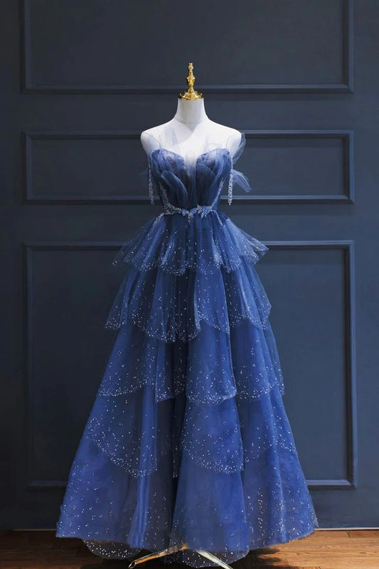 Navy Blue Strapless Prom Dress With Sparkly Tiered Tulle Skirt Beaded Waistband And Off The Shoulder Tulle Sleeves Formal Prom Dress