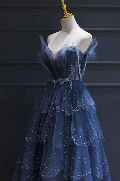 Navy Blue Strapless Prom Dress With Sparkly Tiered Tulle Skirt Beaded Waistband And Off The Shoulder Tulle Sleeves Formal Prom Dress