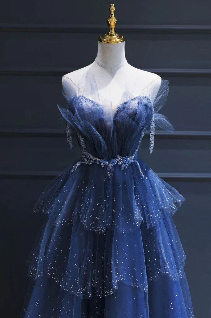 Navy Blue Strapless Prom Dress With Sparkly Tiered Tulle Skirt Beaded Waistband And Off The Shoulder Tulle Sleeves Formal Prom Dress