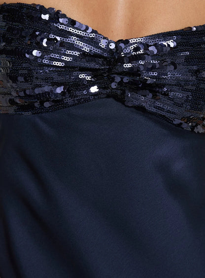 Navy Blue Strapless Prom Dress with Sequin Bodice and Open Back for Formal Events and Prom Nights