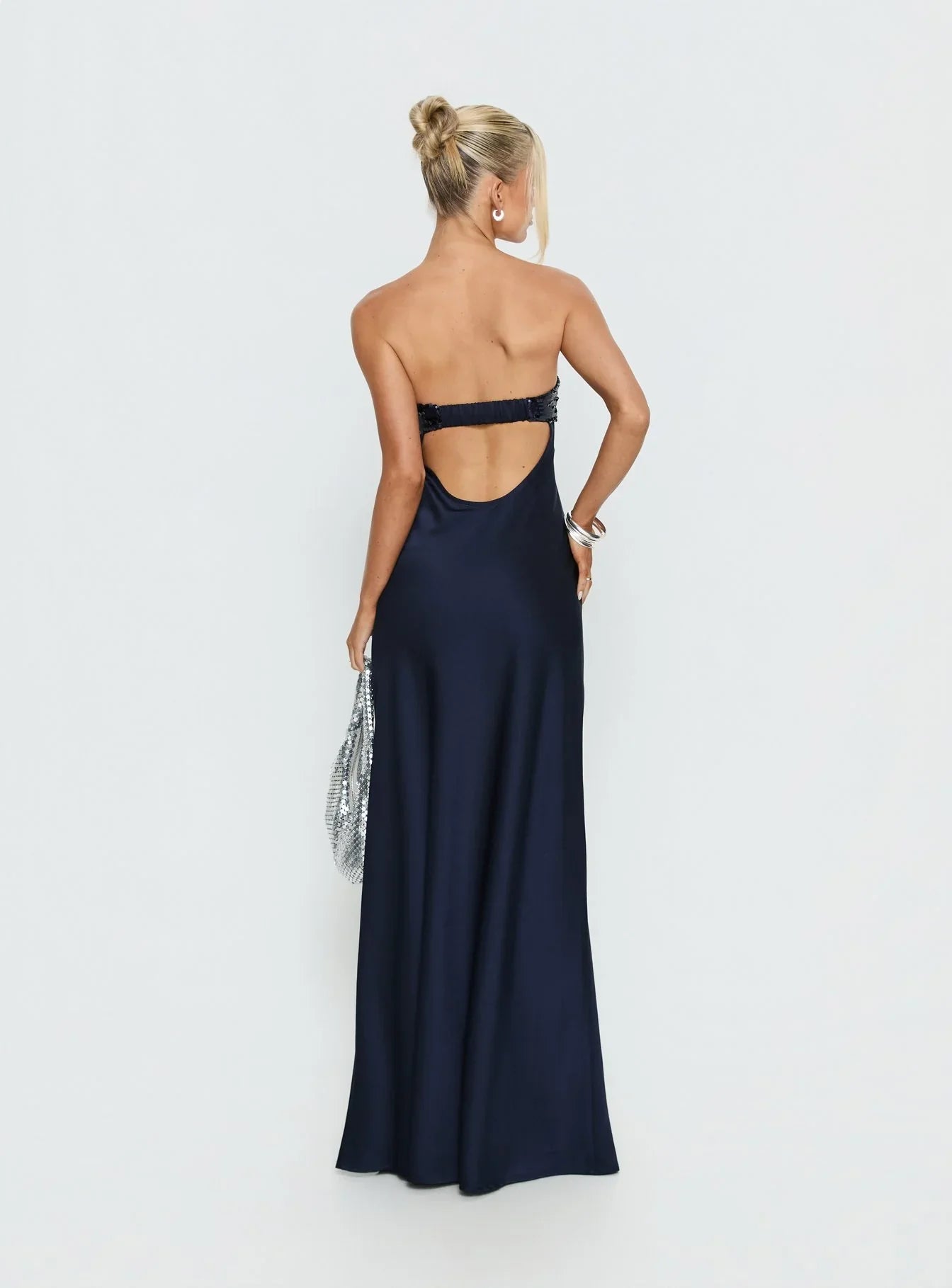 Navy Blue Strapless Prom Dress with Sequin Bodice and Open Back for Formal Events and Prom Nights