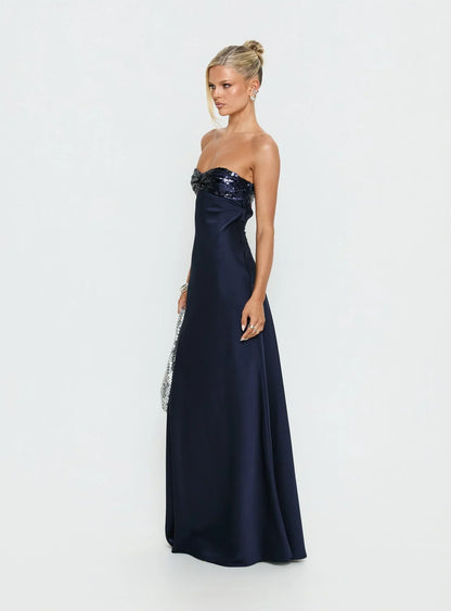 Navy Blue Strapless Prom Dress with Sequin Bodice and Open Back for Formal Events and Prom Nights