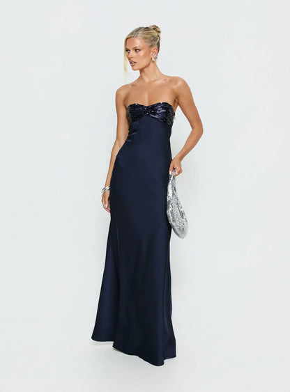 Navy Blue Strapless Prom Dress with Sequin Bodice and Open Back for Formal Events and Prom Nights