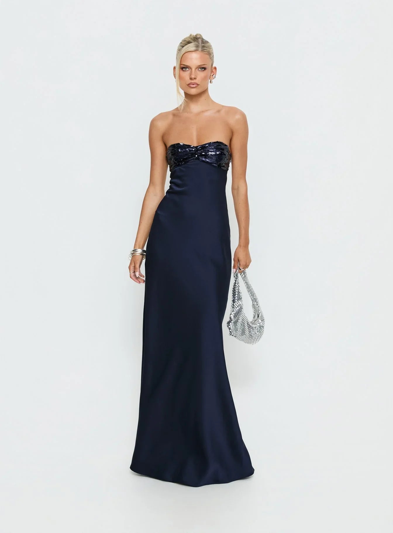Navy Blue Strapless Prom Dress with Sequin Bodice and Open Back for Formal Events and Prom Nights