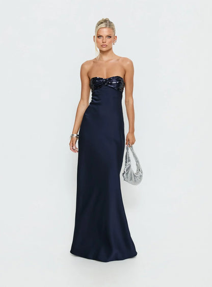Navy Blue Strapless Prom Dress with Sequin Bodice and Open Back for Formal Events and Prom Nights