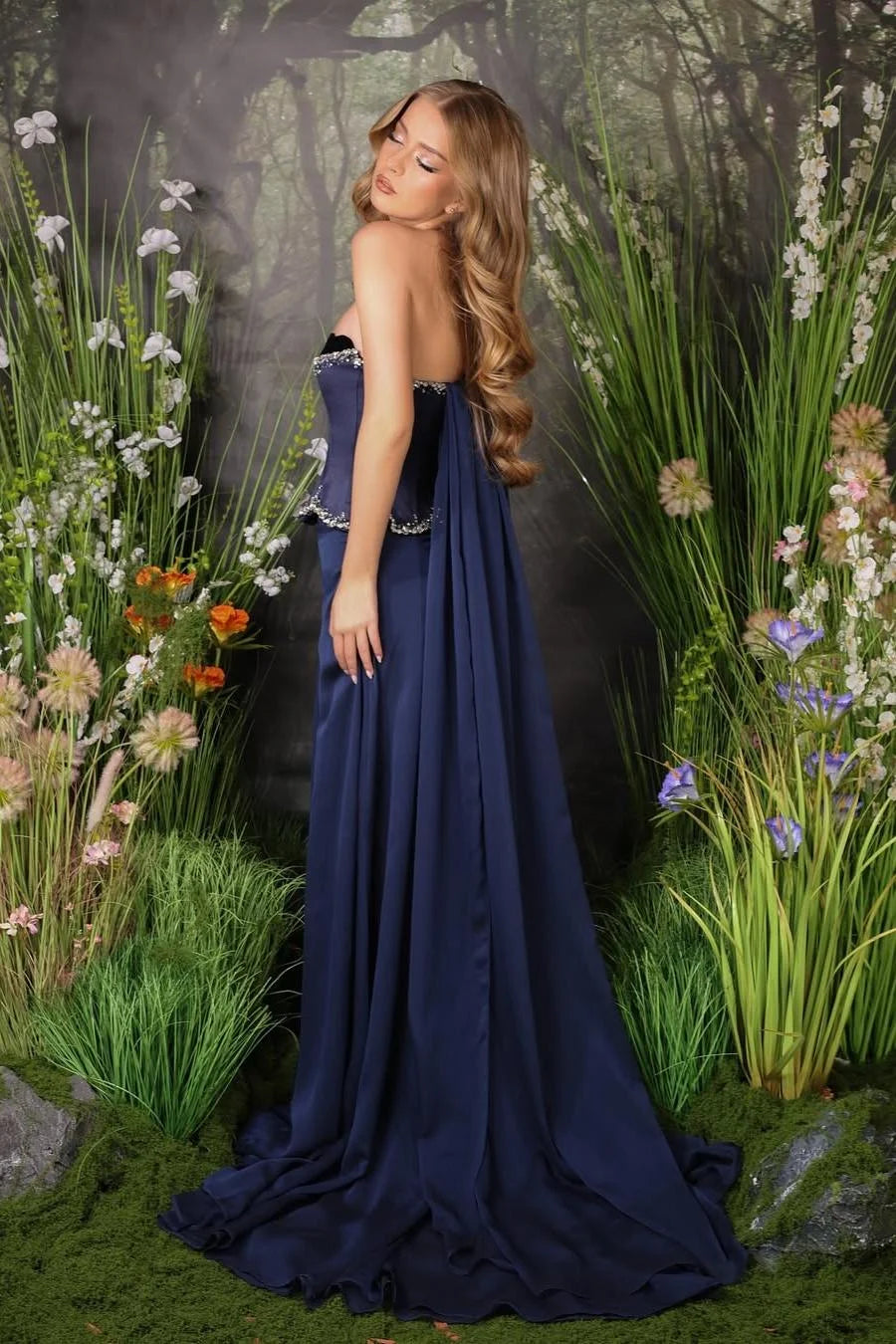 Navy Blue Strapless Satin Prom Dresses with Beaded Bodice Velvet Trim Cape Train for Prom and Red Carpet