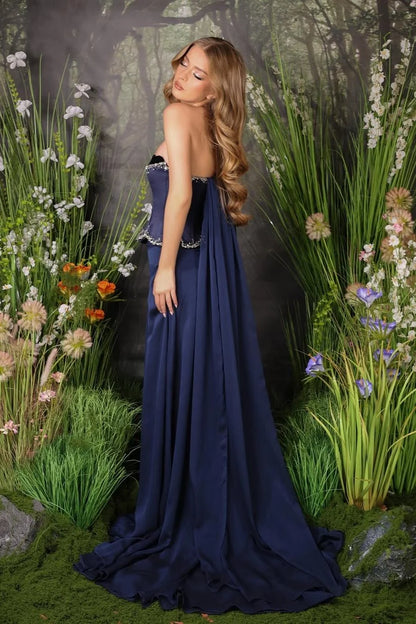Navy Blue Strapless Satin Prom Dresses with Beaded Bodice Velvet Trim Cape Train for Prom and Red Carpet