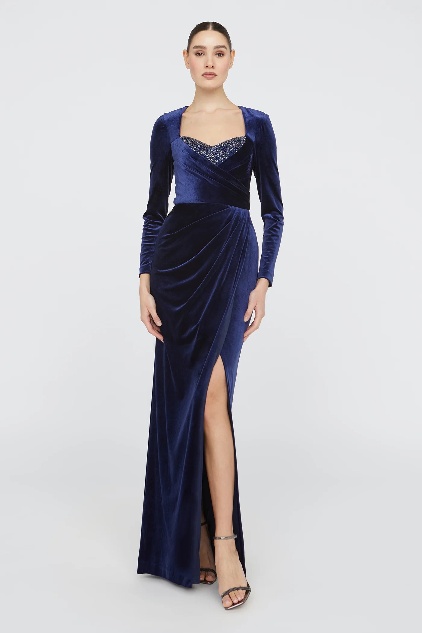 Navy Blue Velvet Sheath Sweetheart Neckline Beaded Bust Long Sleeve Ruched High Slit Floor Length Formal Evening Prom Dress