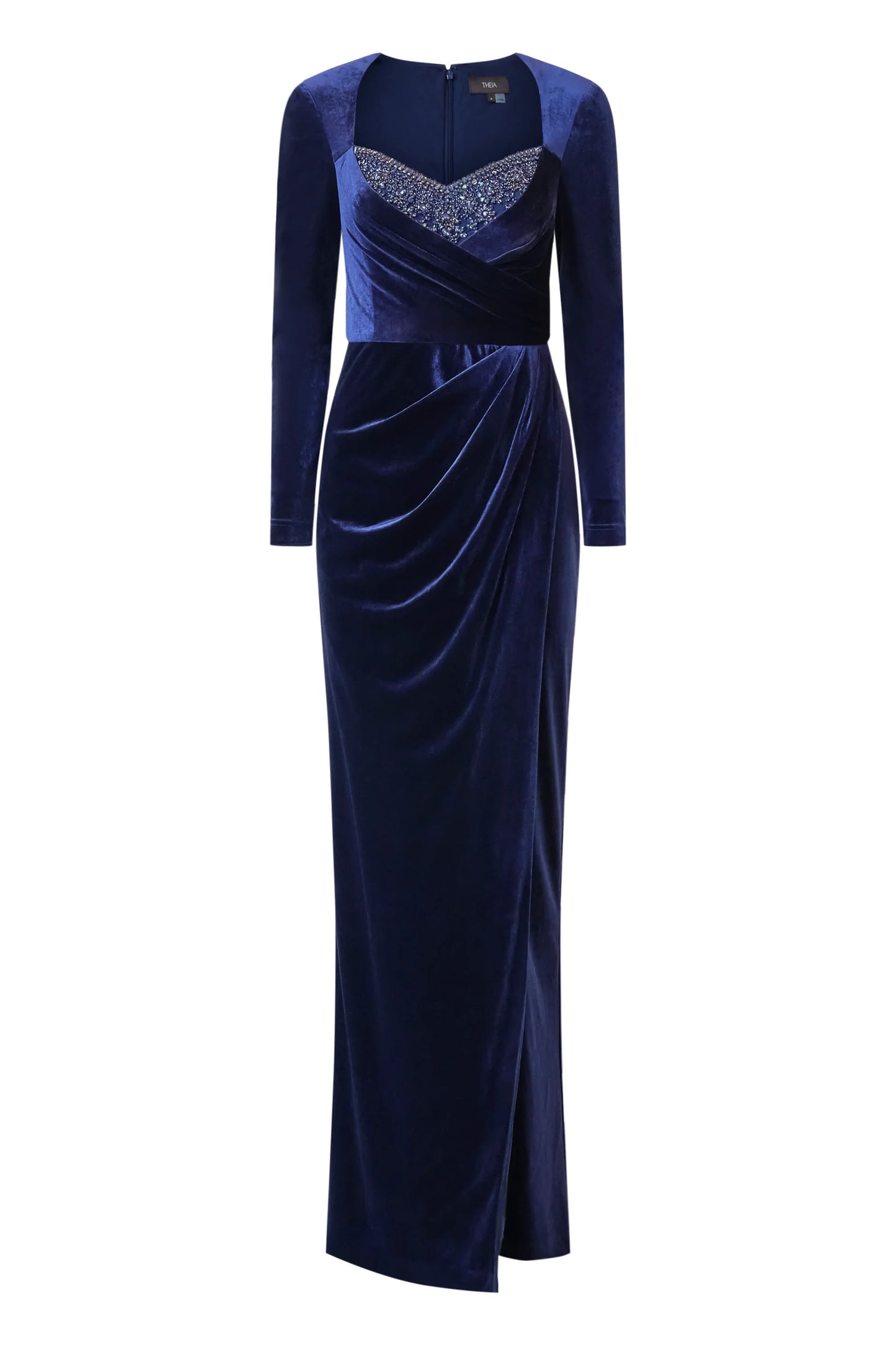 Navy Blue Velvet Sheath Sweetheart Neckline Beaded Bust Long Sleeve Ruched High Slit Floor Length Formal Evening Prom Dress