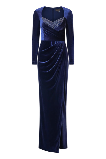 Navy Blue Velvet Sheath Sweetheart Neckline Beaded Bust Long Sleeve Ruched High Slit Floor Length Formal Evening Prom Dress