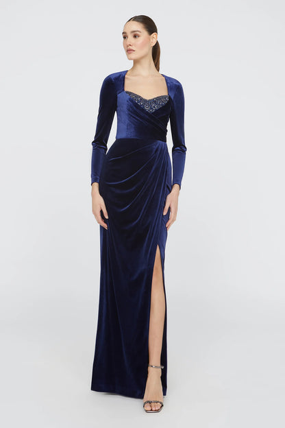 Navy Blue Velvet Sheath Sweetheart Neckline Beaded Bust Long Sleeve Ruched High Slit Floor Length Formal Evening Prom Dress