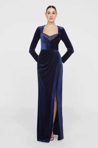 Navy Blue Velvet Sheath Sweetheart Neckline Beaded Bust Long Sleeve Ruched High Slit Floor Length Formal Evening Prom Dress